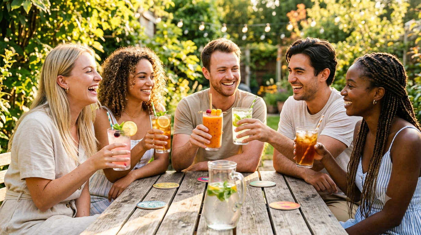 Fresh natural juices and smoothies in glass bottles with straws, surrounded by fruit on marble