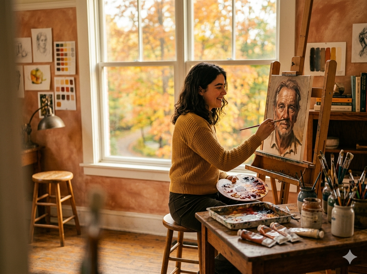 Young woman sitting and smiling next to an easel while painting a portrait on canvas in an art studio