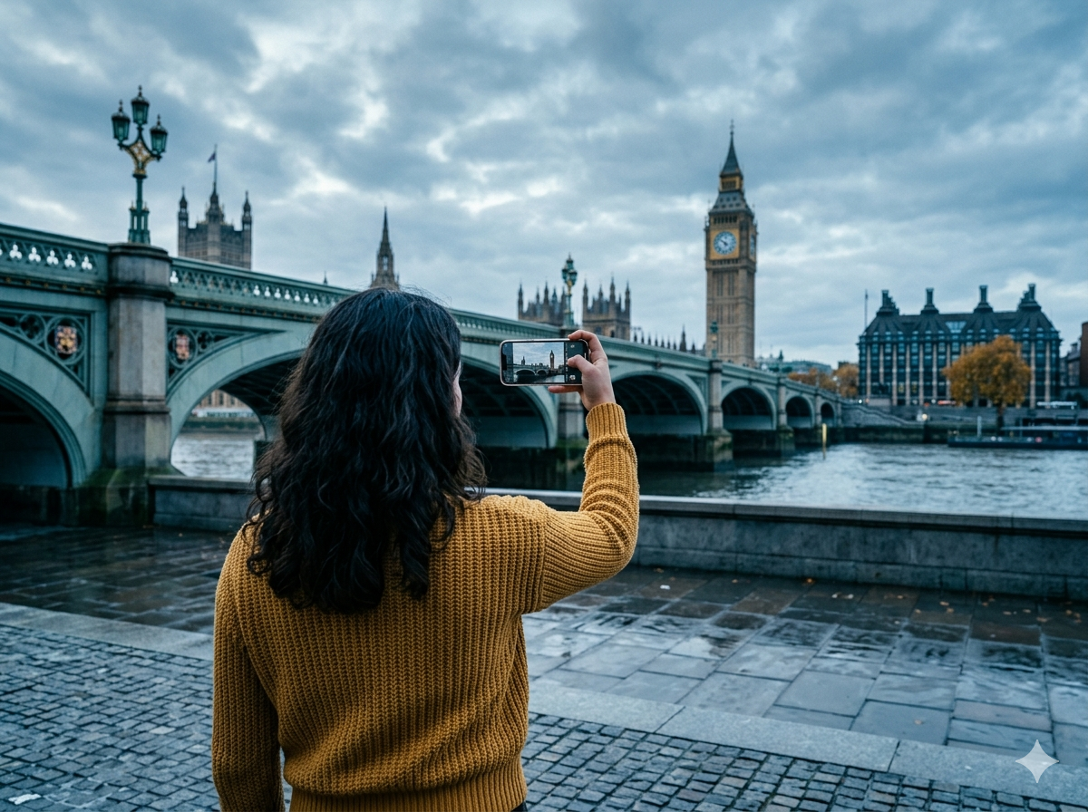 Young woman photographing Big Ben and the Thames embankment with a smartphone held up against a cloudy sky