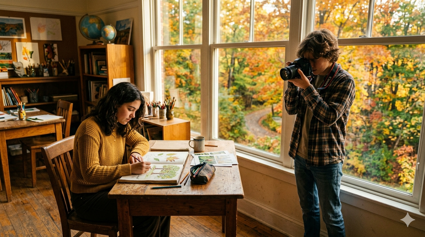 Two students working on a Capturing Nature school project — one sketching outdoors on a canvas, one photographing a landscape with a smartphone