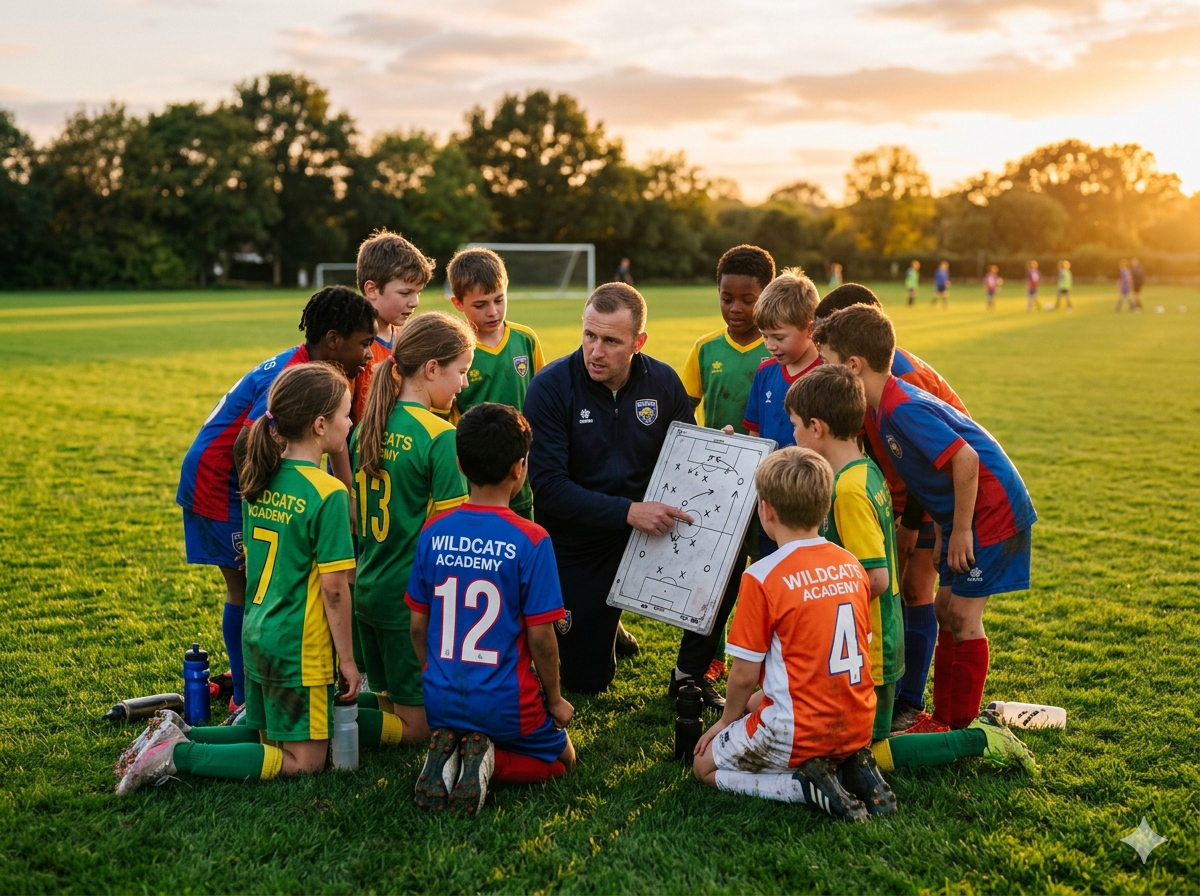 Children in football kits gathered around a coach on a training pitch, listening to instructions