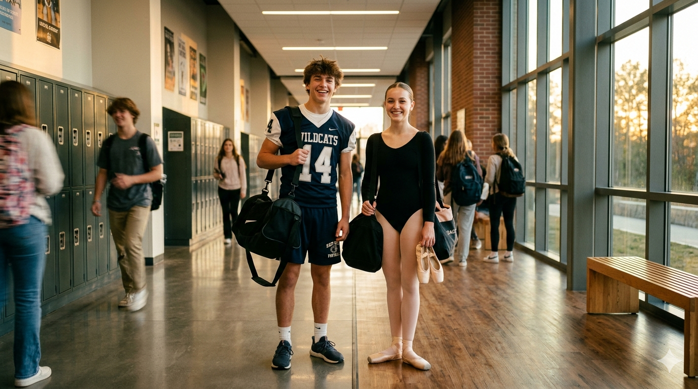 Two teenagers choosing between a football team training on a pitch and a ballet dance class in a bright studio