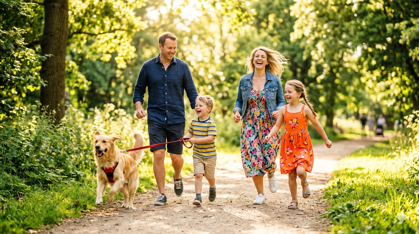 An active family with a dog running and playing together in a sunny park