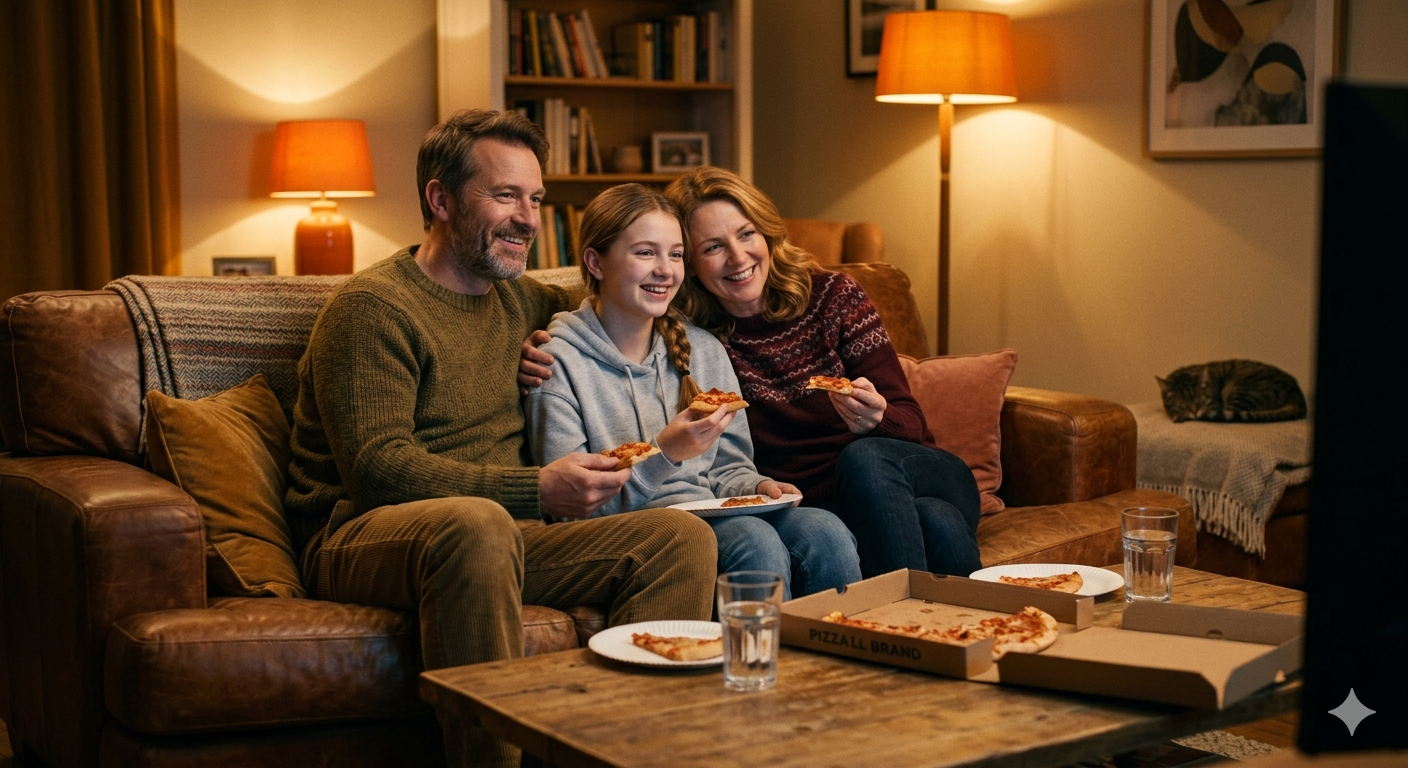 A family relaxing together on a sofa watching TV with pizza boxes at home