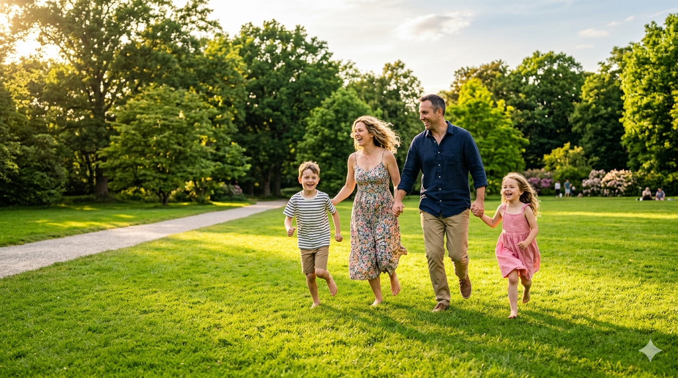 A happy family spending quality time together outdoors on a sunny weekend afternoon