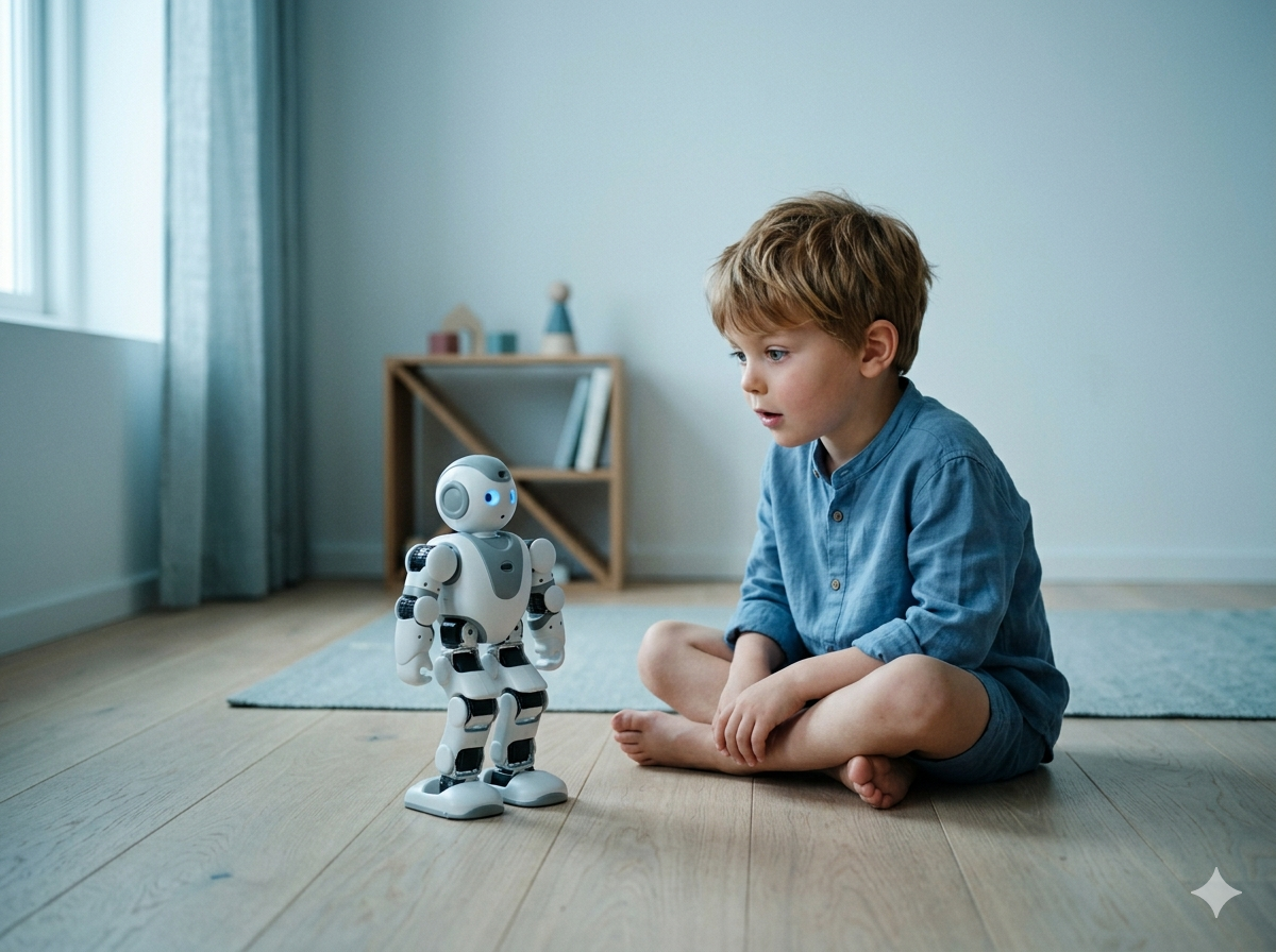 A boy sitting on the floor and controlling a humanoid robot toy with a remote