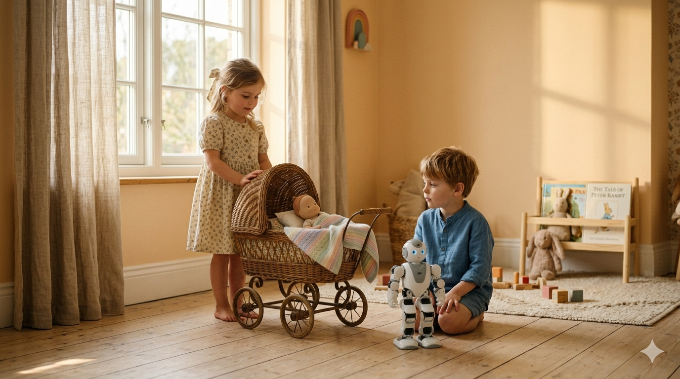 Two children playing in a bright room — one with a classic doll pram, another with a modern robot toy
