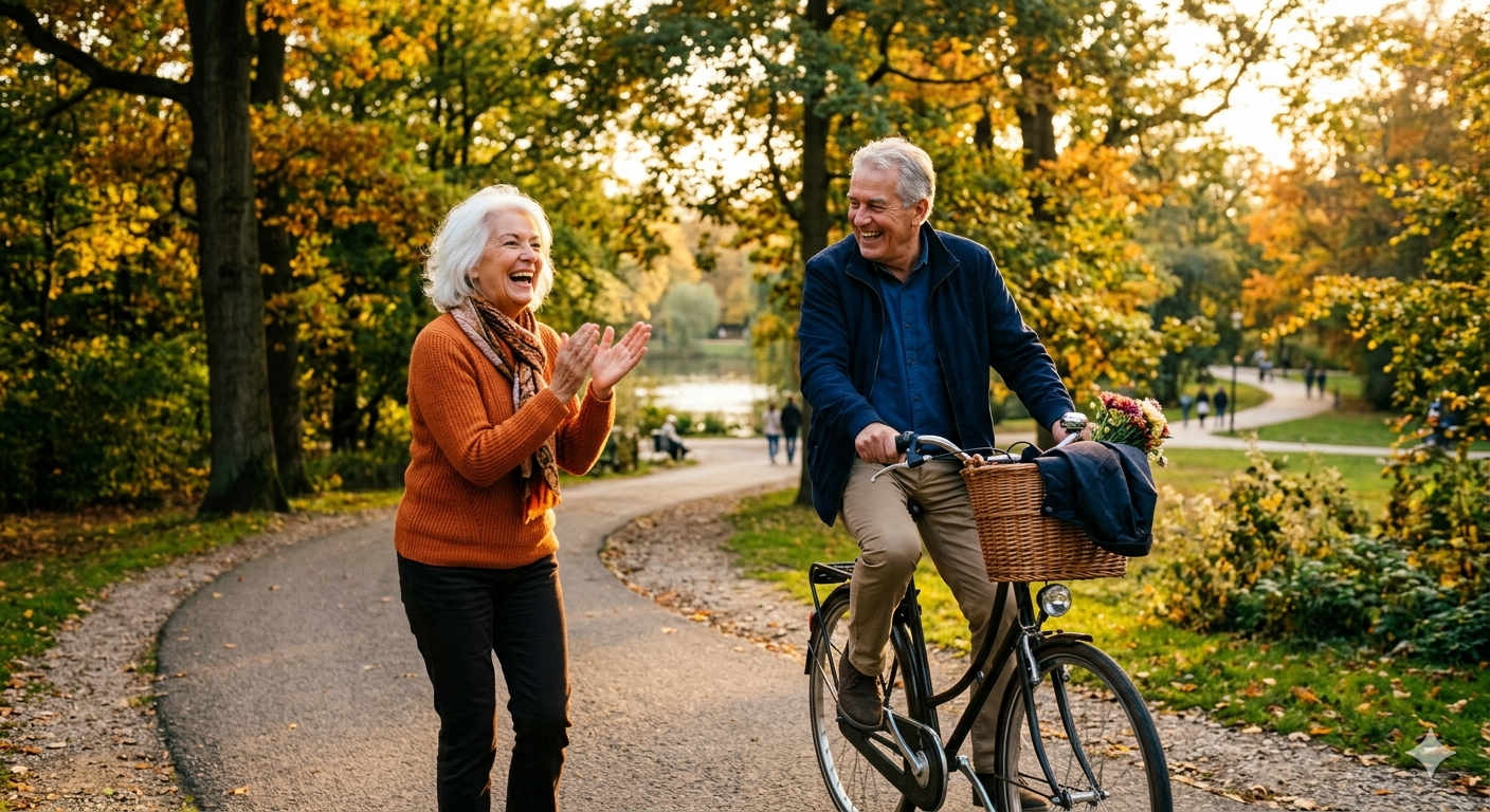 Two energetic elderly people — one exercising at a gym on a stationary bike, another playing guitar at home — representing two ways of keeping young