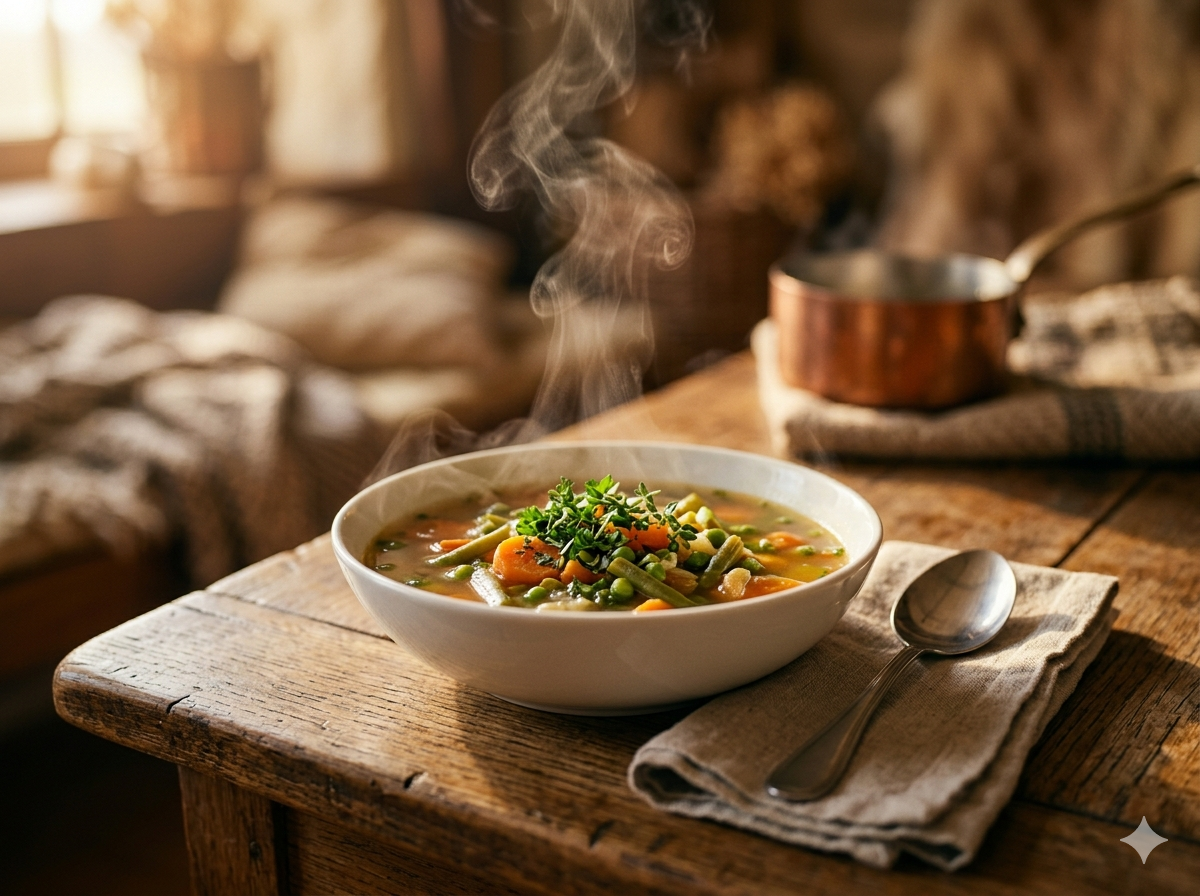 A bowl of hot homemade vegetable soup with a spoon on a rustic wooden table, steam rising from the surface