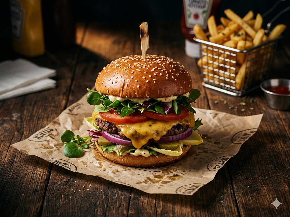 A large juicy fast food burger with sesame bun and toothpick on a paper wrapper, chips in the background