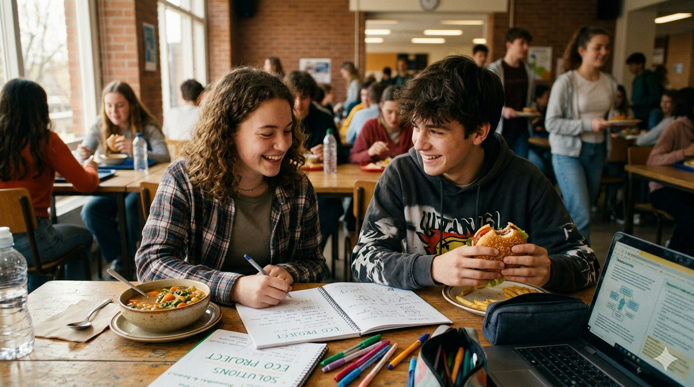 Two teenagers in a school cafeteria discussing their food choices project — one eating a bowl of homemade soup, one holding a burger