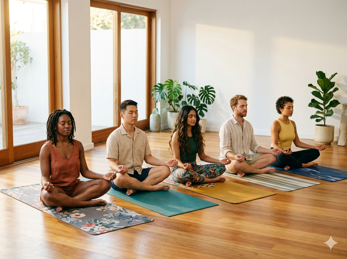 Group of people sitting cross-legged on yoga mats in a bright sunlit studio doing meditation