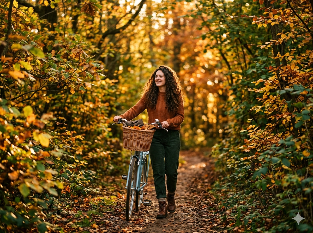 Young woman smiling and walking with a bicycle through a colourful autumn forest