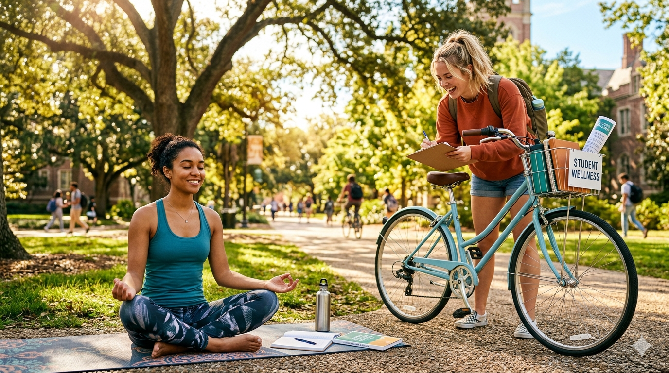 Two students working on a school project about reducing stress — one practising yoga in a bright studio, one cycling through a sunny forest