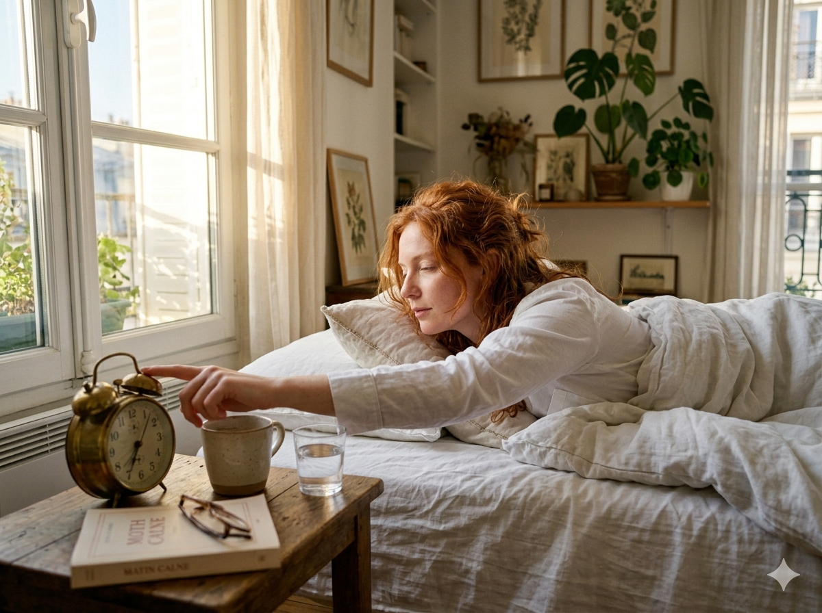 A person sleeping in bed reaching out to silence a loudly ringing alarm clock on the nightstand