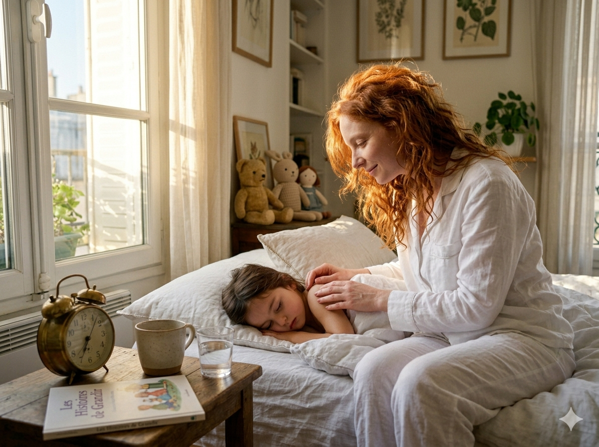 A caring mother gently waking her young daughter by sitting on the bed and softly touching her shoulder