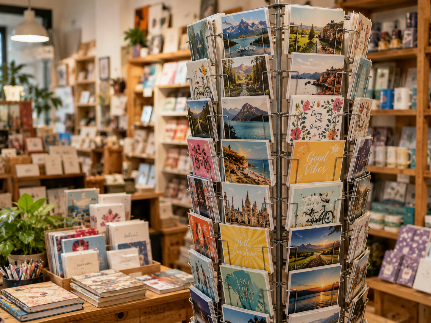 A tall spinning rack full of colourful printed postcards displayed in a stationery shop