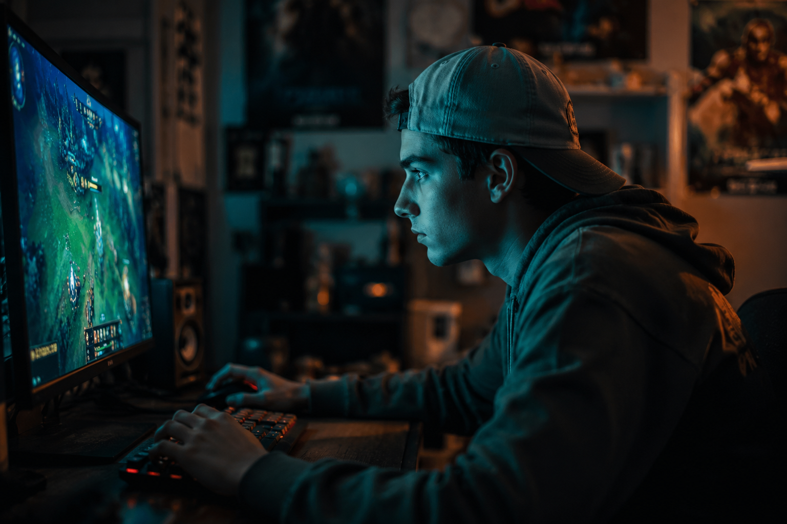 A young person wearing a cap sitting alone at a desk in front of a glowing computer monitor playing a video game