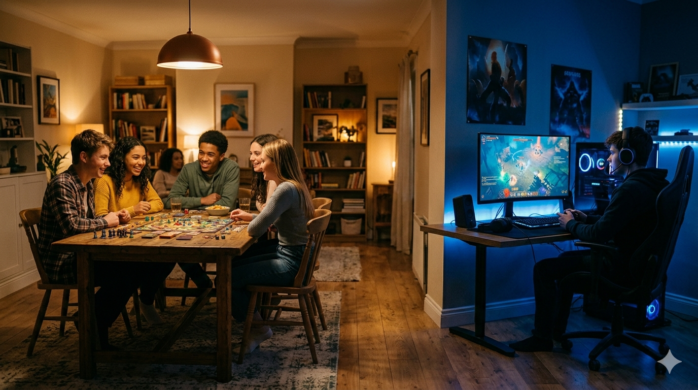 Two teenagers at a table: one plays a board game with friends, the other sits alone in front of a glowing computer monitor playing a video game