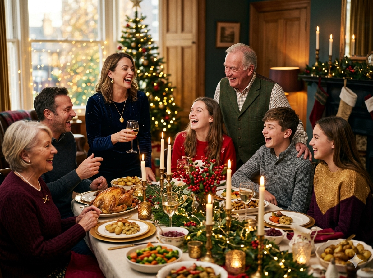 A happy multigenerational family laughing together at a festive holiday dinner table