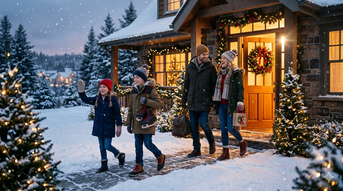 A cheerful family gathered around a festive holiday table covered with Christmas decorations and warm winter food