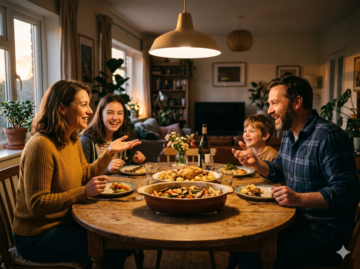 A family gathered around a dining table at home, enjoying a home-cooked meal together with warm lighting and cheerful expressions