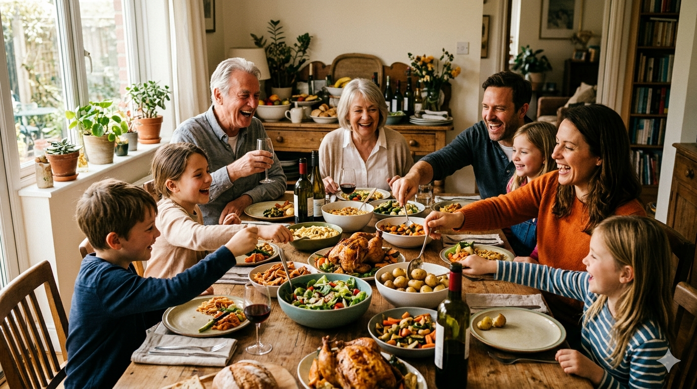 A warm family gathering around a dining table — sharing a home-cooked meal together, laughing and enjoying each other's company
