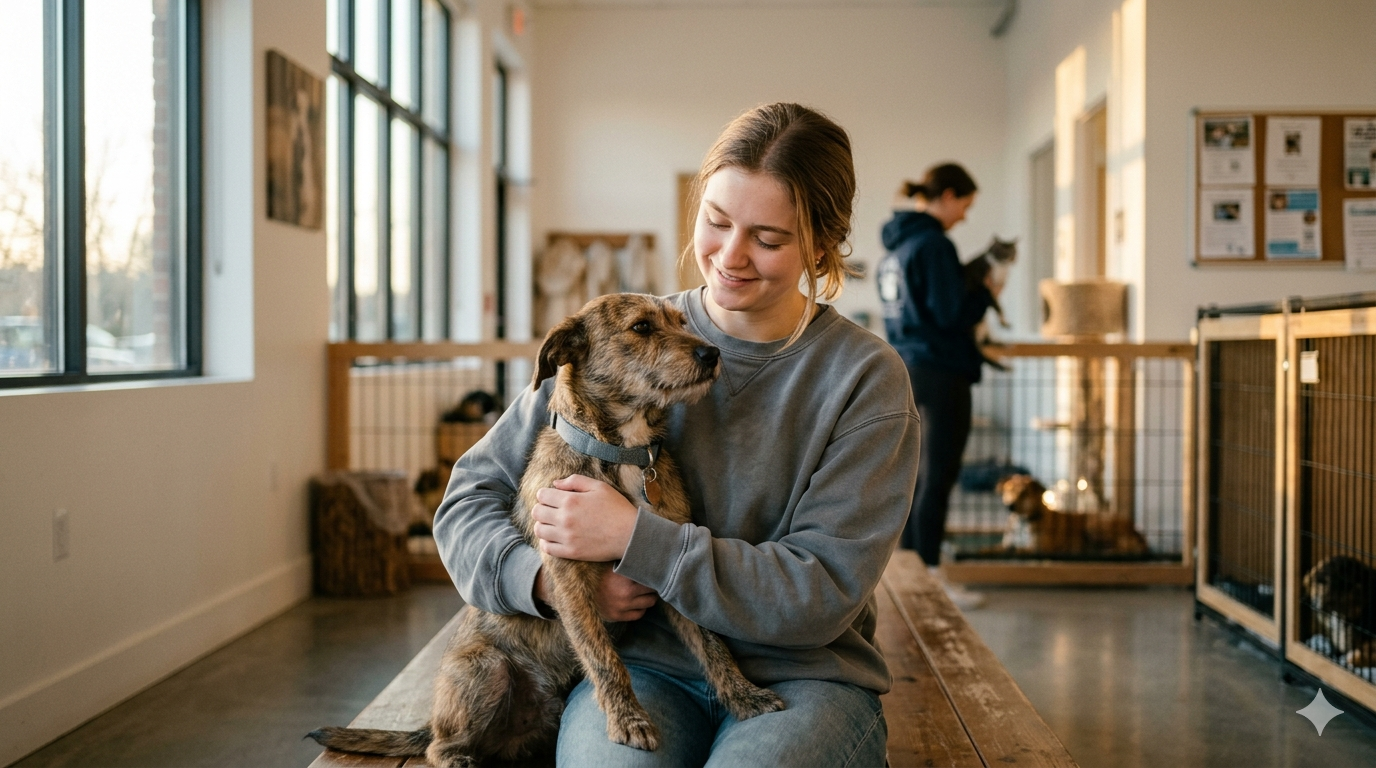 Volunteers caring for rescued animals at a Moscow shelter — warm editorial light, cinematic composition