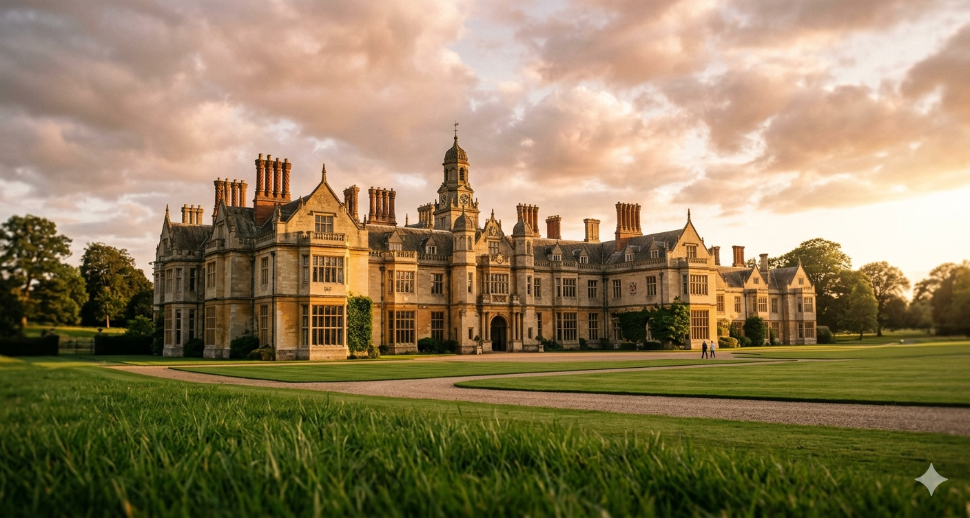 Apethorpe Palace grand English country house facade at golden hour — warm editorial light, cinematic composition