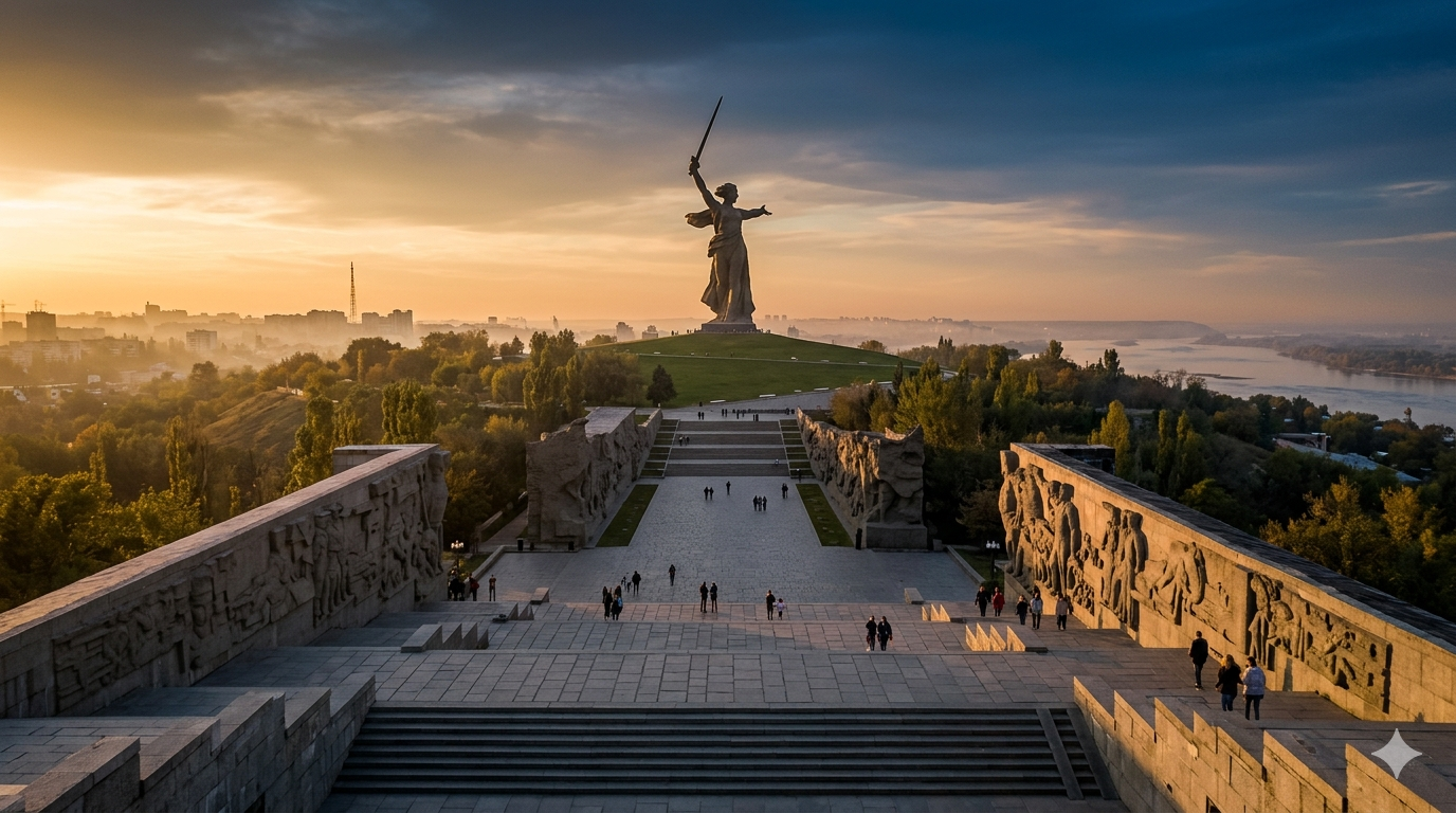 Mamayev Kurgan memorial complex — The Motherland Calls statue at golden hour, cinematic wide-angle editorial photography, heroic Soviet war monument