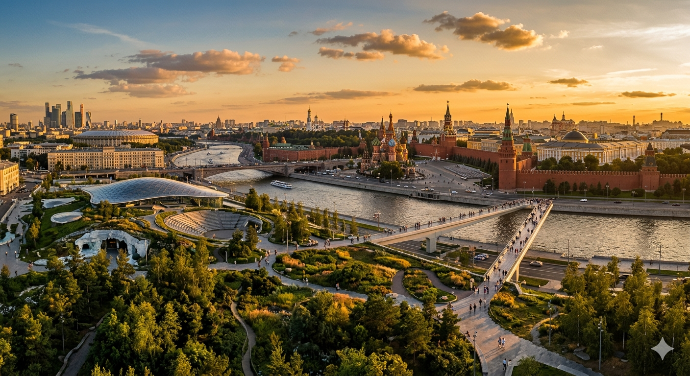 Zaryadye Park Moscow — wild nature zones meet modern architecture, Red Square and Kremlin visible in the distance, golden hour light, editorial cinematic aerial view
