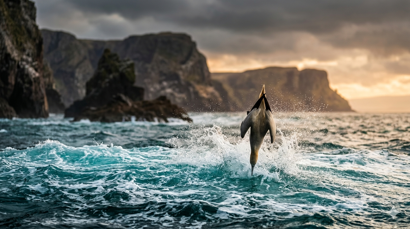 Seabirds soaring over dramatic ocean waves at golden hour — coastal cliffs in the distance, editorial cinematic photograph