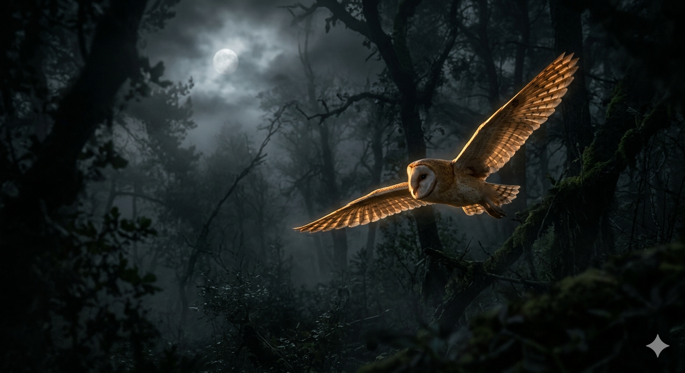 A barn owl in silent flight through a moonlit misty forest at night — warm editorial light, cinematic composition