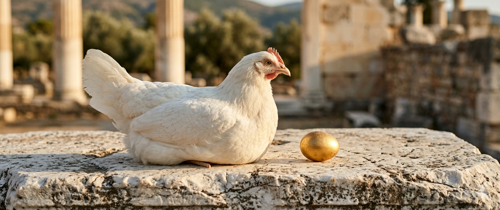 A golden egg and a white hen side by side on an ancient Greek marble surface — warm editorial light, cinematic composition