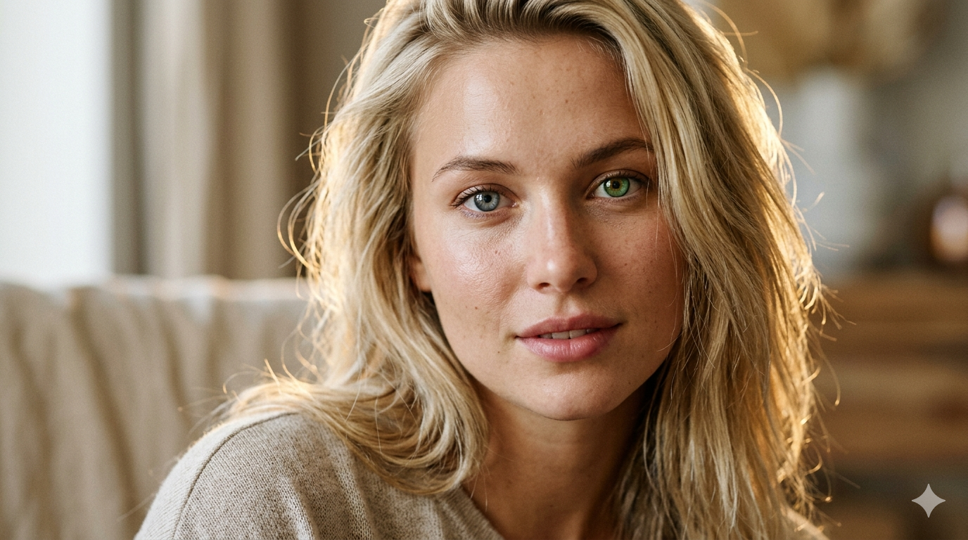 Close-up portrait of a person with heterochromia — one blue eye and one brown eye, editorial cinematic lighting, shallow depth of field