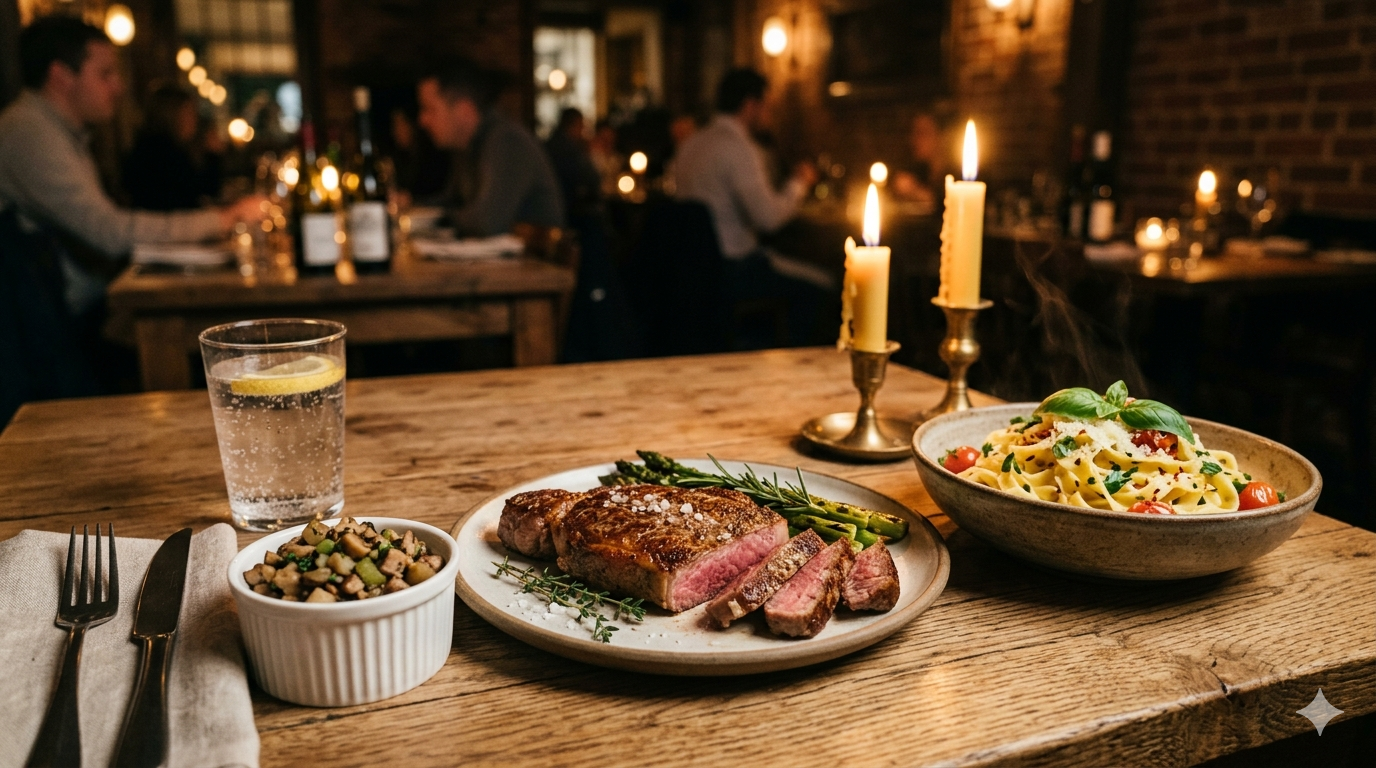 Editorial cinematic restaurant scene: a plate of pasta and a grilled steak on a wooden table, warm candlelight, shallow depth of field